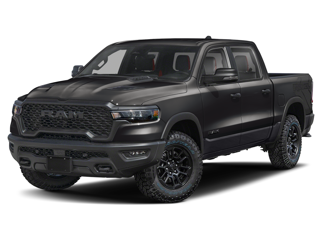 2026 RAM 1500 Rebel in Diamond Black Crystal Pearlcoat — front three-quarter view
