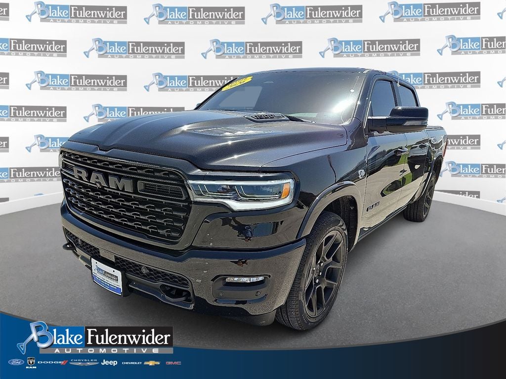 2026 RAM 1500 Limited Crew Cab 4x4 5'7' Box in Diamond Black Crystal Pearlcoat — front three-quarter view