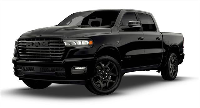 2026 RAM 1500 RAM 1500 LARAMIE CREW CAB 4X4 5'7' BOX in Diamond Black Crystal Pearl-Coat Exterior Paint — front three-quarter view