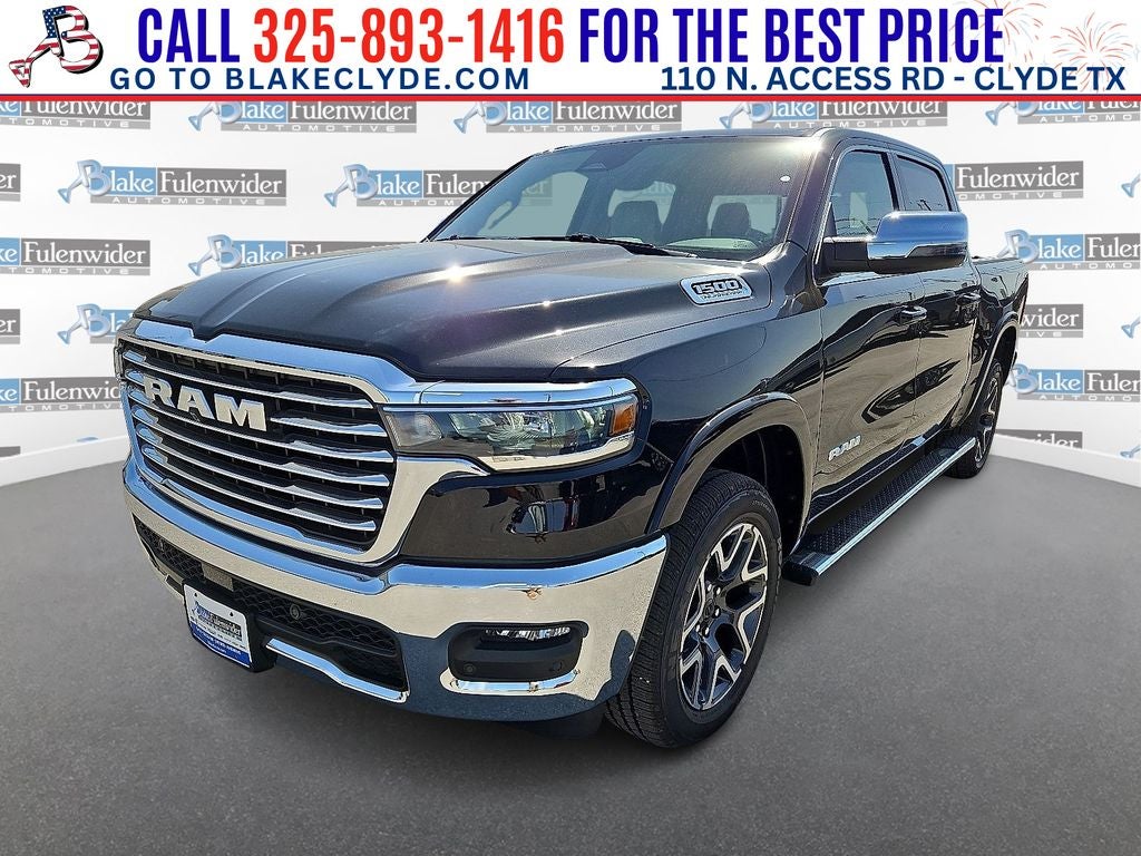 2026 RAM 1500 Laramie in Diamond Black Crystal Pearlcoat — front three-quarter view