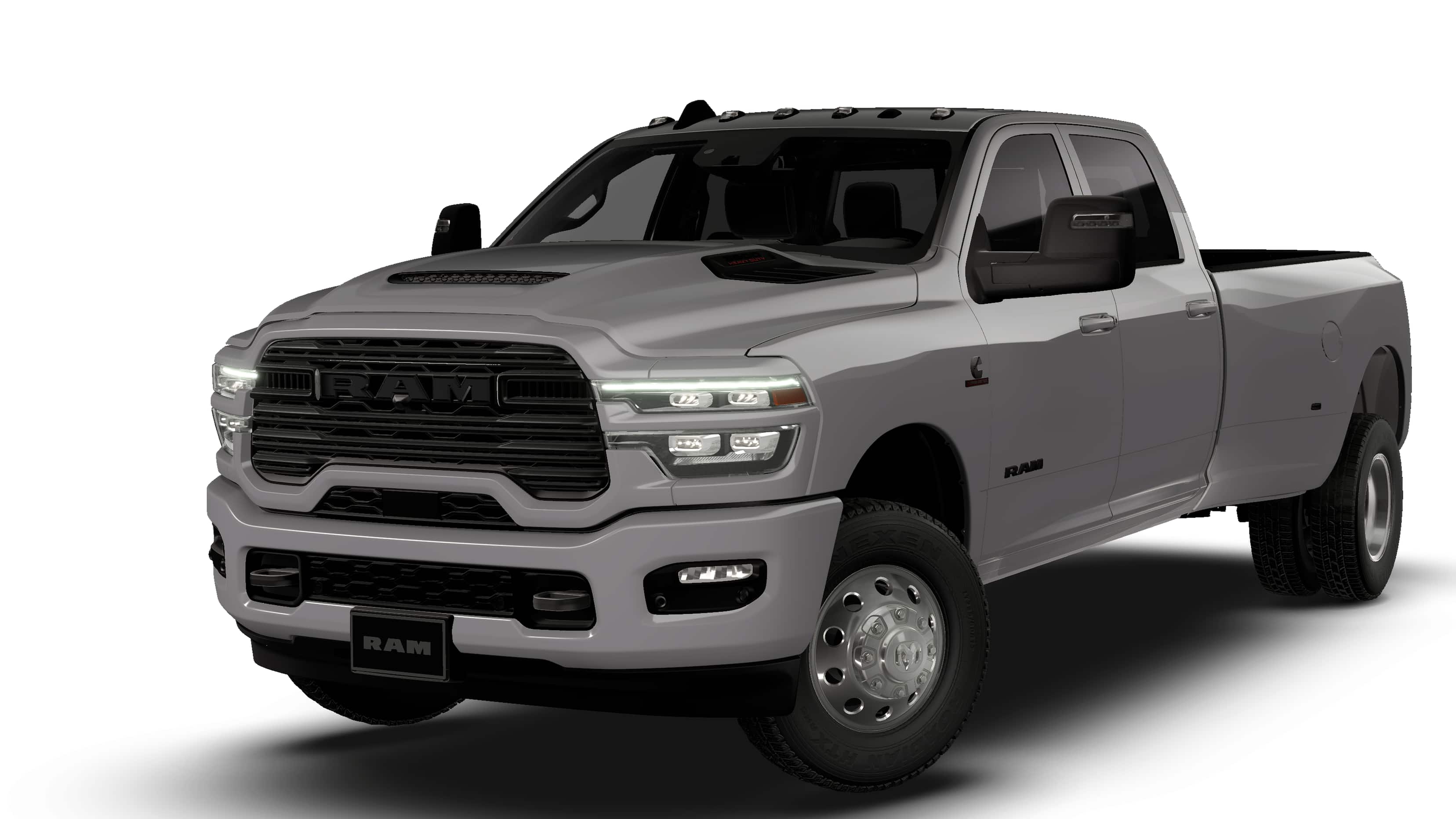 2026 RAM 3500 RAM 3500 LARAMIE CREW CAB 4X4 8' BOX in Ceramic Gray Clear-Coat Exterior Paint — front three-quarter view