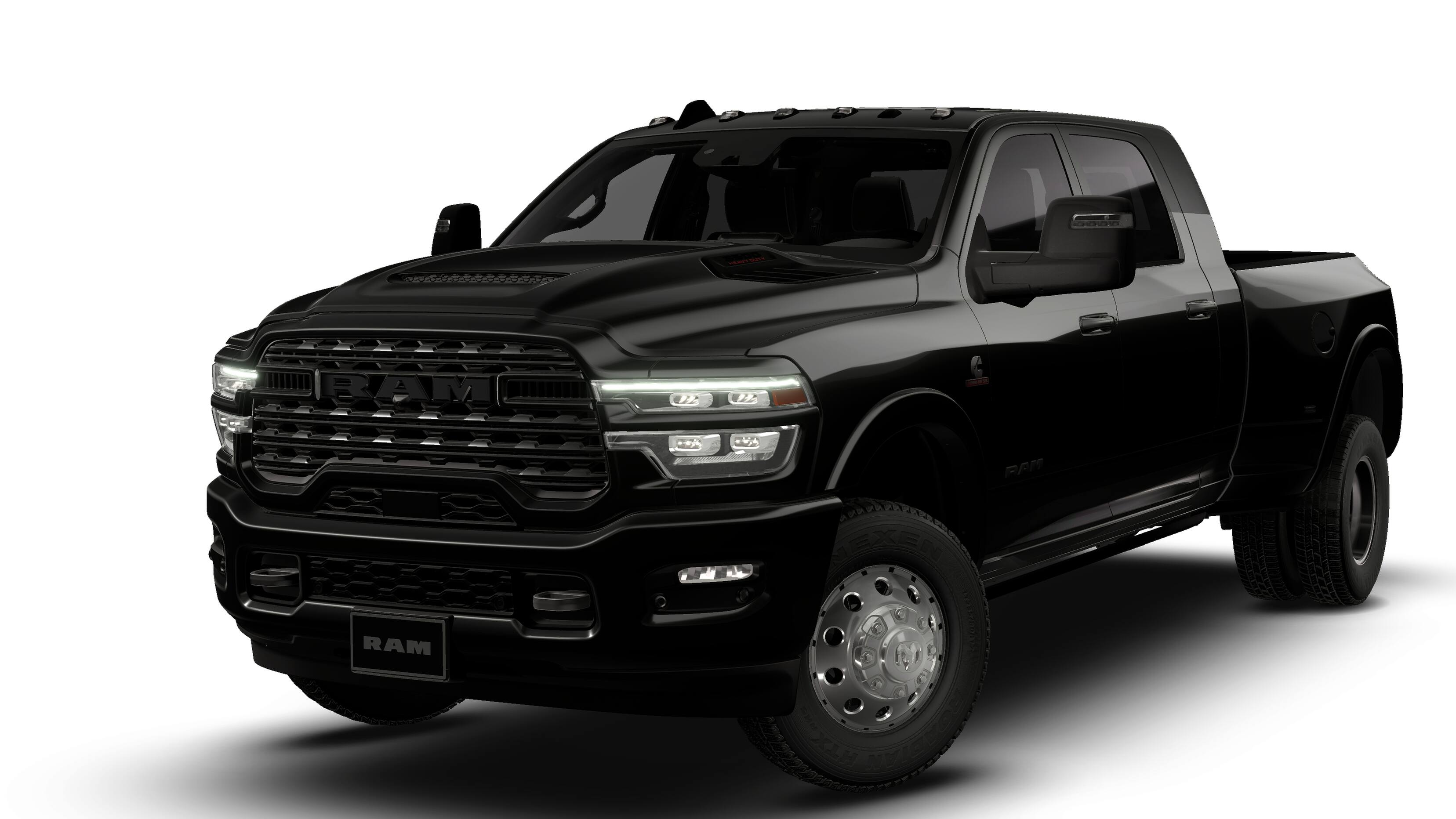 2026 RAM 3500 RAM 3500 LIMITED MEGA CAB 4X4 6'4' BOX in Diamond Black Crystal Pearl-Coat Exterior Paint — front three-quarter view